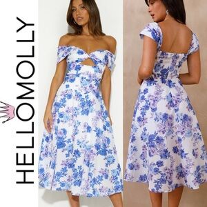 NEW Hello Molly Blue white  Floral Off-Shoulder A-Line Midi Dress peekaboo hole